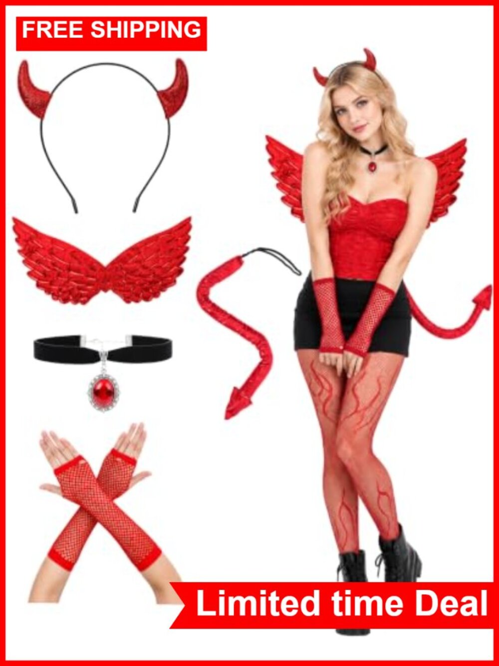 6 Pc Demon Costume Set Wings Headband Tail Fishnet Gloves Stockings Choker